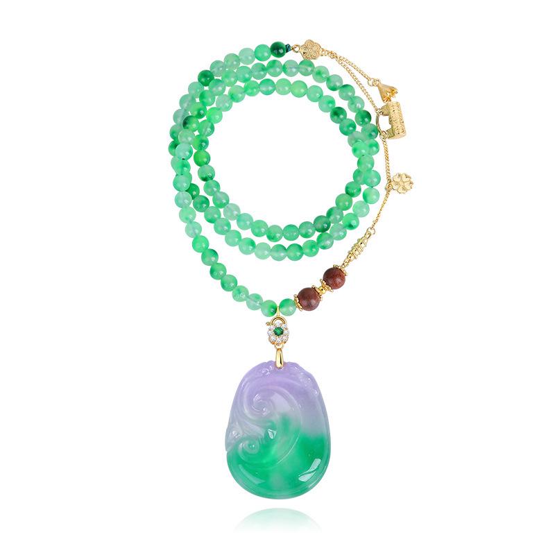 Women's Ruyi Necklace: Spring Color Jade, Floating Flower Pendant, Dongling Jade & Glazed Bead Chain