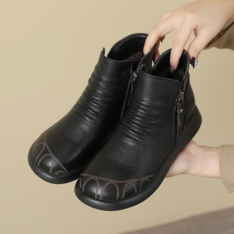 GKTINOO Autumn Winter Genuine Leather Flat Ankle Boots For Women Warm Boots Side Zipper Soft Comfortable Cow Leather Botas