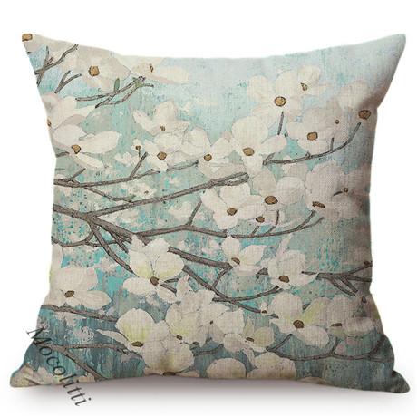 Spring Decoration Blue Flower Blue Birch Cherry Dogwood Blossoms Branch Oil Painting Design Cushion Cover Sofa Throw Pillow Case