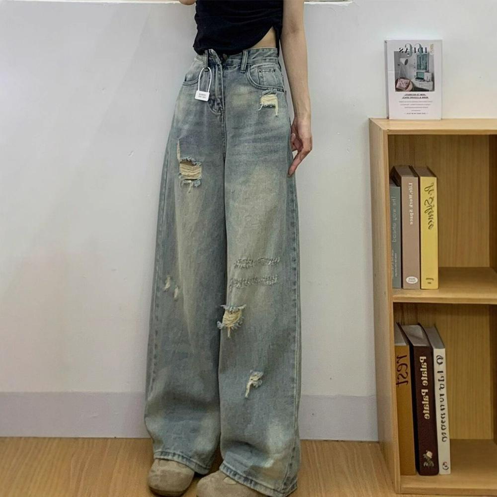 Comfortable High Street Broken Holes Jeans Women's Year Straight Small People Loose High Waist Thin Wide Leg Trousers Jeans for Women Long Denim Pants