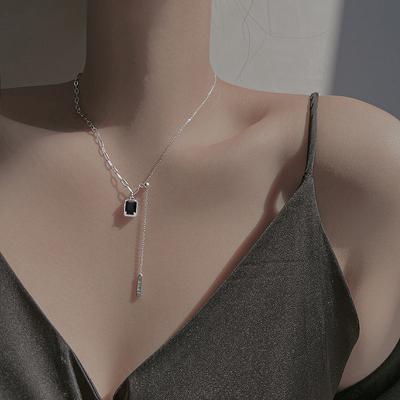 S925 Sterling Silber Halskette süße coole Mädchen schwarze Diamant Quadrat Quaste Spleißen Pull Schlüsselbein Kette Halskette schwarzes Quadrat Marke Halskette