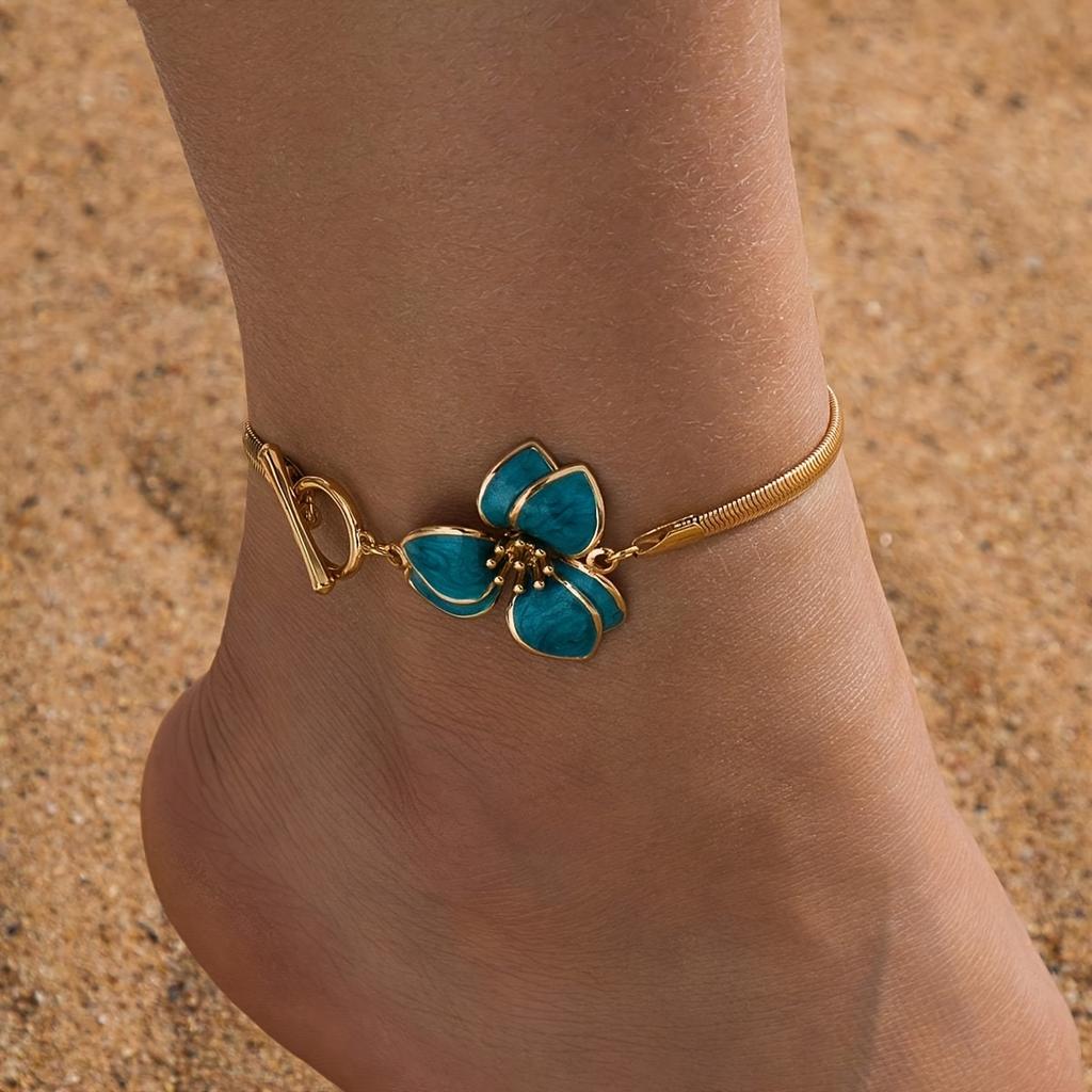 Fashion Colorful Multi Petal Flower Anklets for Women Elegant Chic Flat Snake Bone Chain OT Buckle Anklets Girl Wedding Gift