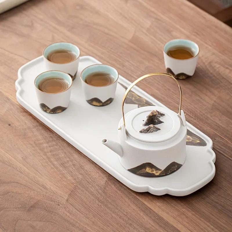 Japanese Style Hand Drawn Mountain Shadow Loop-Handled Teapot Dry Pour Sets Kung Fu Tea Set Home Teacup