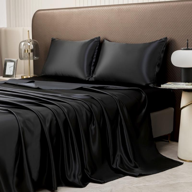 Satin-Feel Solid Color Four-Piece Bedding Set: Bed Sheet, Fitted Sheet, and Pillowcases (European & American Style)