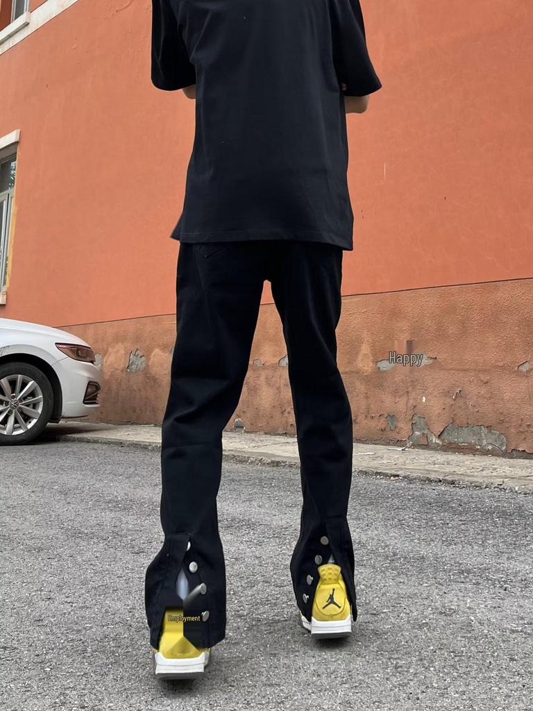 Men's Trendy Retro Black Flared Slim Jeans with Button Split Design