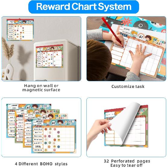 Boho 32 Chore Charts Behavior Reward Chart System,Sticker Chore Chart Pad for Kids with 2328 Stickers, 12.2" x 9.8" Magnetic Reward Chart to Develop