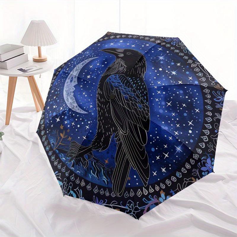 Enchanted Raven Moon Tapestry: Mystical Night Sky Wall Hanging Umbrella, Cute Umbrella with Cute Design, Portable 3-Fold Compact Umbrella for Men & Wo