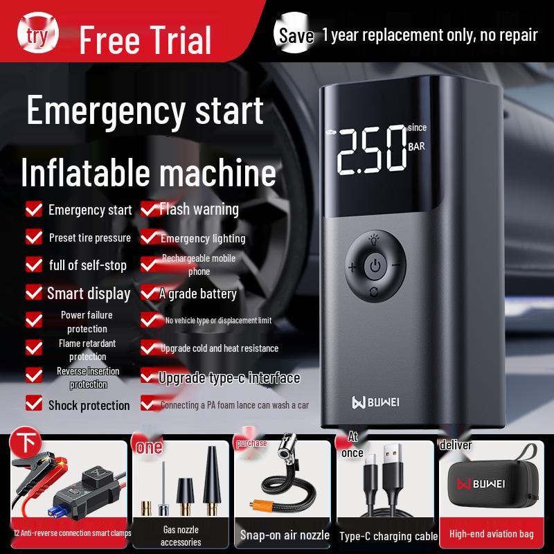 Car Emergency Power Supply & Tire Inflator with Built-in Backup Battery & Jumper Cables