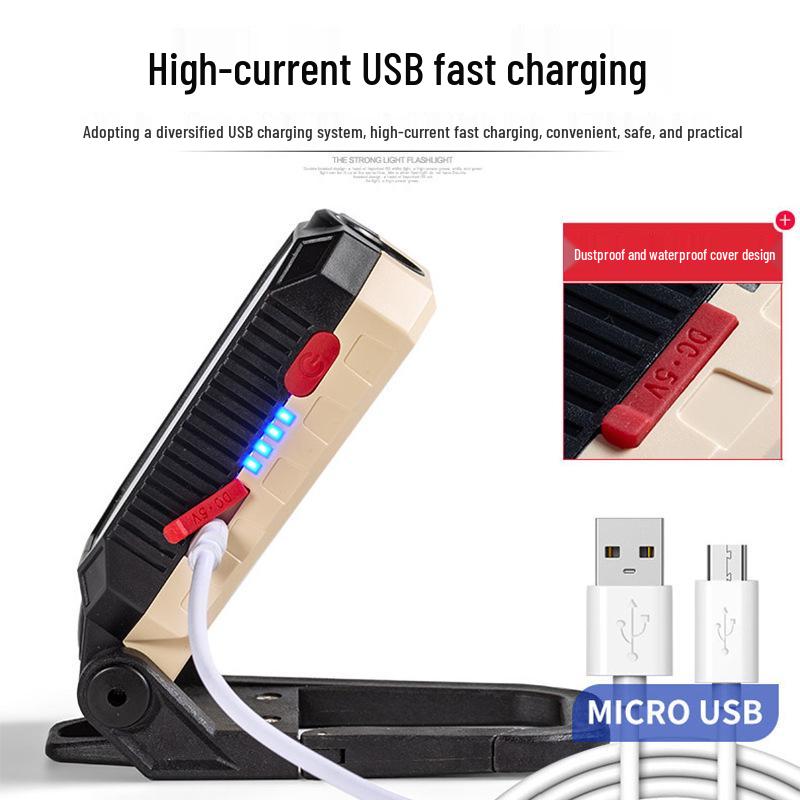COB LED Handheld Work Light with USB Charging, Magnet Hook, and Emergency Flashlight for Outdoor and Auto Repair.