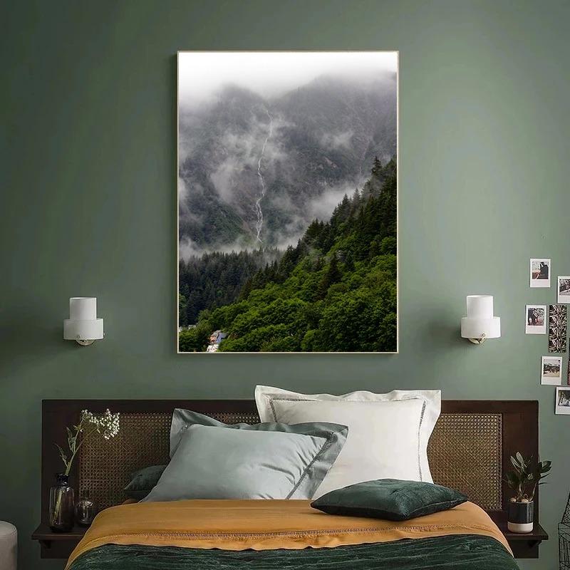 Beautiful Dark Green Forest Foggy Mountain Landscape Nature Scenery Poster Canvas Painting Wall Art Pictures Home Room Decor