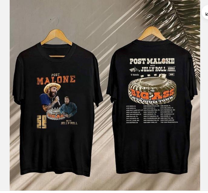 2025 Post Malone Big Ass Stadium Tour Shirt, Post Malone And Jelly Roll T-Shirt Unisex T-Shirt L