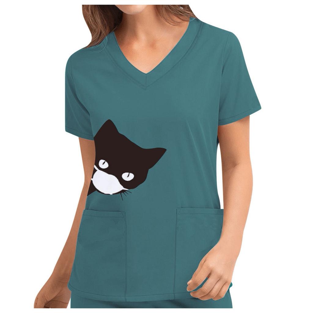 Women's Cute Print Short Sleeve V-neck Top Work  Solid Color Pocket Top