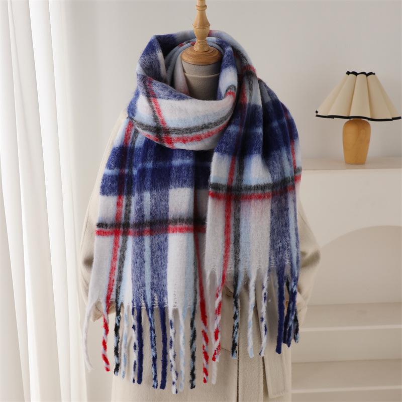 Winter  Rainbow Mohair Plaid Warm Thickened Scarf Commuting Versatile Tassel Imitation Cashmere Women'S Scarf