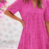 Casual Dresses - Summer Beach Casual Dress Women Hollow Out Eyelet V Neck Short Sleeve Midi Sundress Tiered Flowy A Line