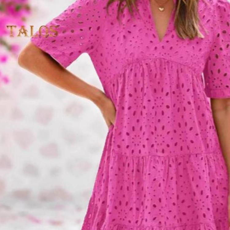 Casual Dresses - Summer Beach Casual Dress Women Hollow Out Eyelet V Neck Short Sleeve Midi Sundress Tiered Flowy A Line