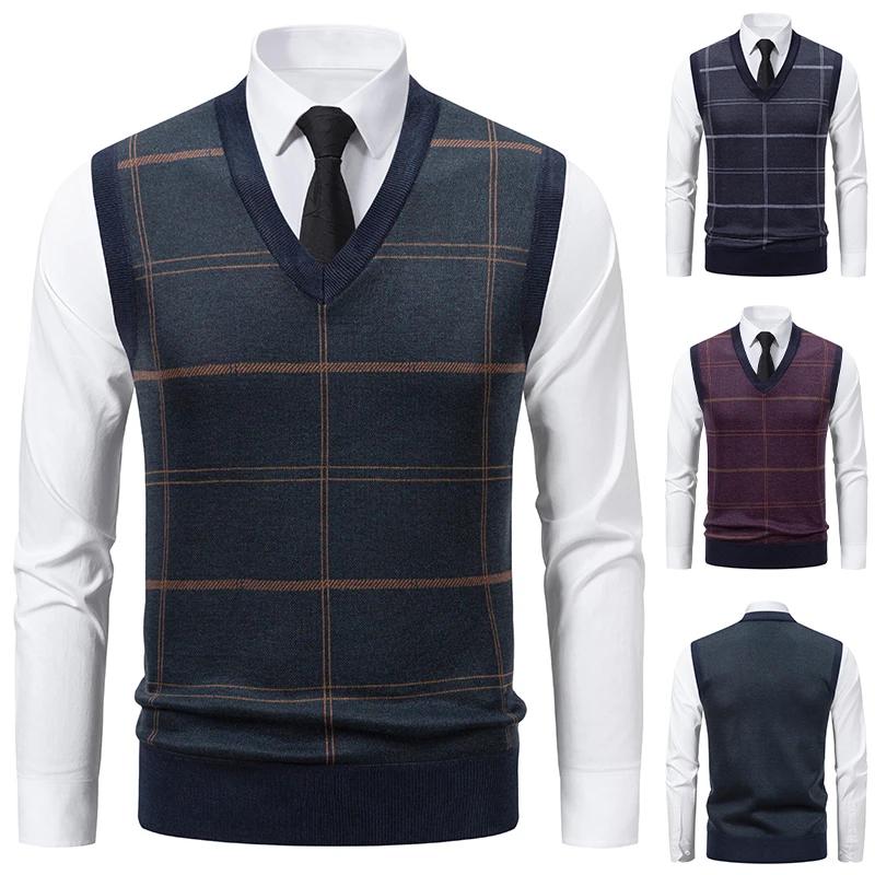 Men's V-neck Knitted Sweater Warm Autumn Winter Casual Fashion Diamond Grid Twisted Flower Design Versatile Top