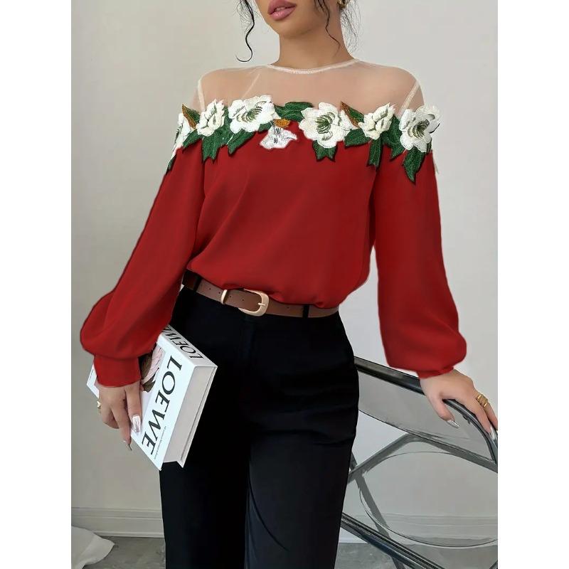 Spring New Shirt Women's Heavy Industry Mesh Splicing Satin Embroidered Top