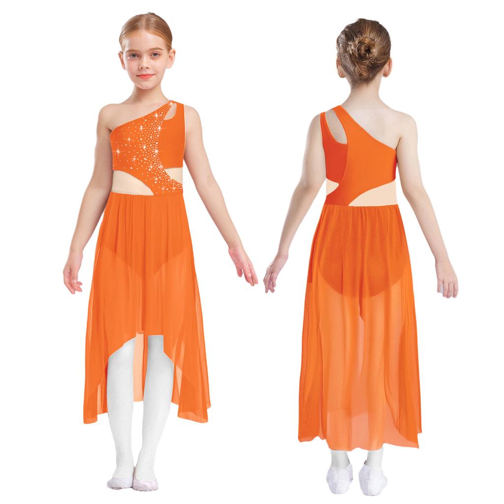 Girls Lyrical Dance Dress - Shiny Rhinestones One Shoulder Sleeveless Cutout with High-Low Flowy Mesh Skirt