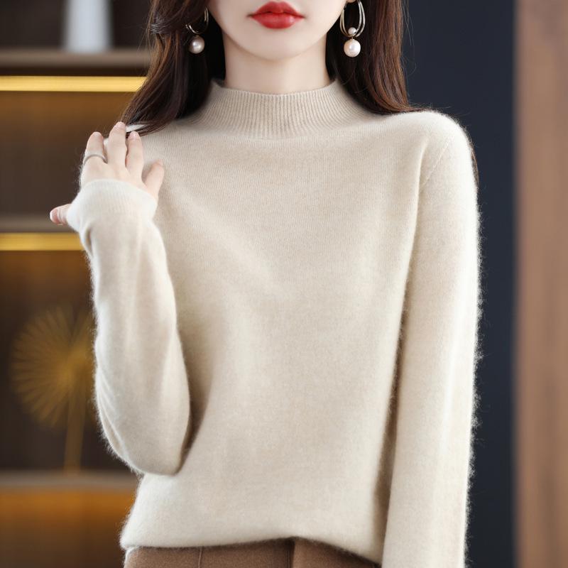 

Women s Seamless Wool Knit Sweater - Short, Loose, Half-High Neck, Solid Color for Autumn and Winter XXL
