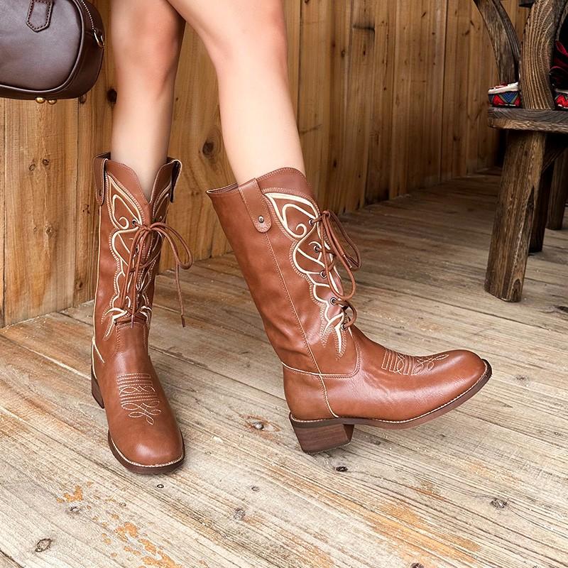 New Style Women Zipper Knight Boots Ladies Autumn Thick Sole Chunky Heel Retro Boot Pointed Toe Shoes Embroidered Cowboy