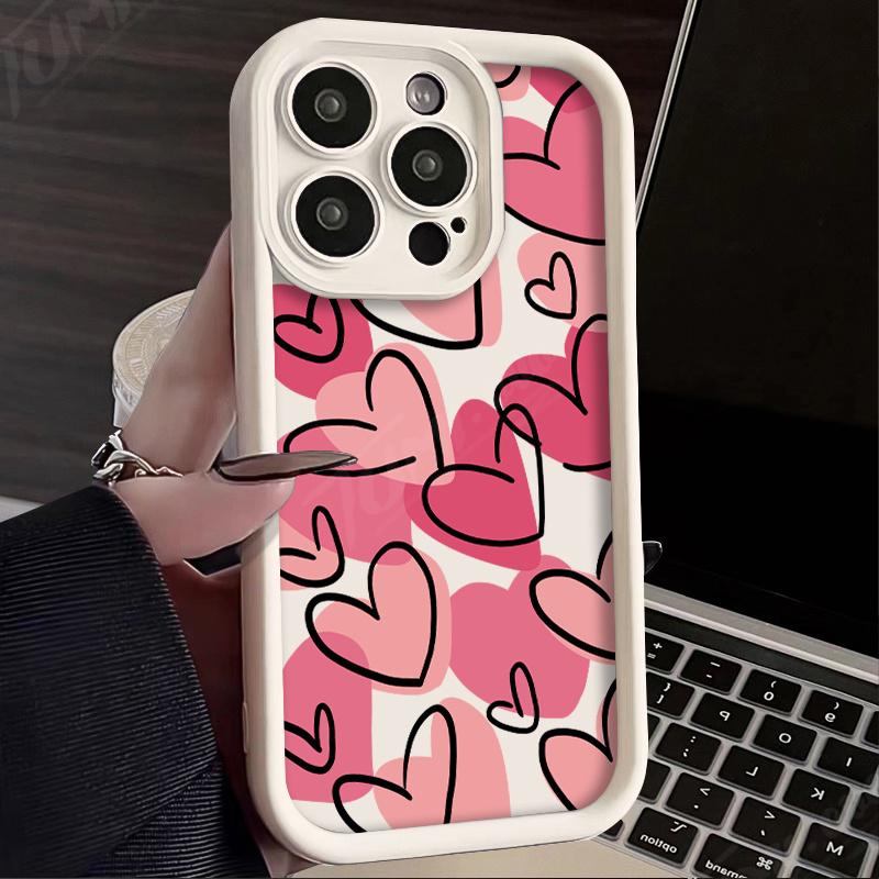 Pink heart pattern design Phone case iPhone 15 Pro Max 11 12 13 16 14 Plus Silicone Shockproof Case Lens protector shell