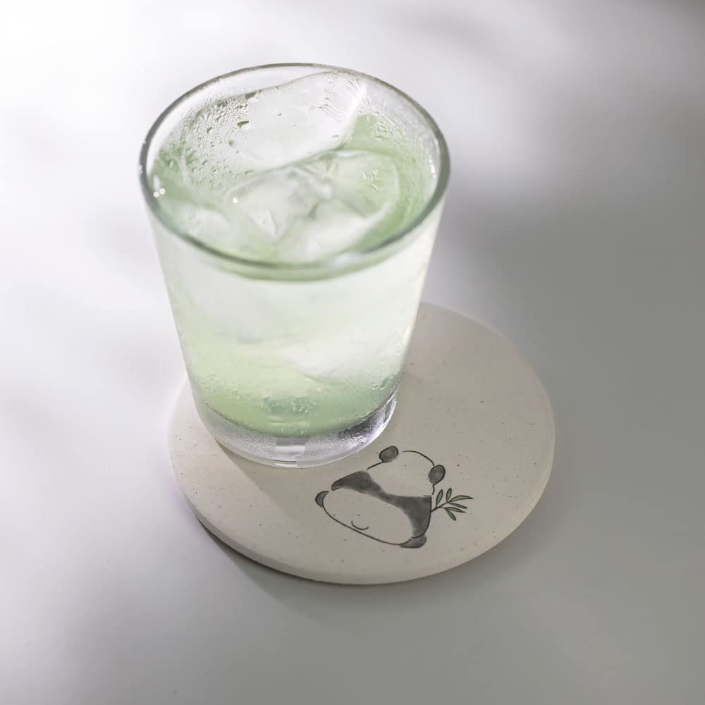 &NE Ceramic Diatomaceous Earth Coaster, Panda, Twilight, White, 1 Piece, 9.7cm Diameter X 0.6cm Thick, Absorbent Coaster, Made In Japan, Mino Ware,