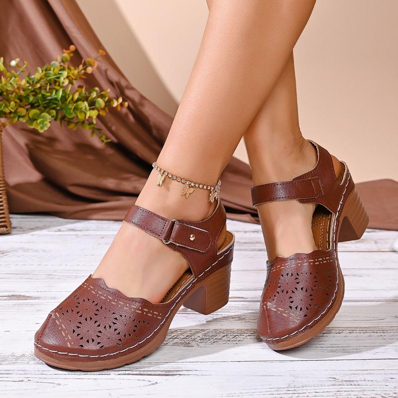 Cross-border Foreign Trade Large Size Baotou Sandals Women's 2026 New Summer Block Heel Hollow Light High Heel Women's Sandals