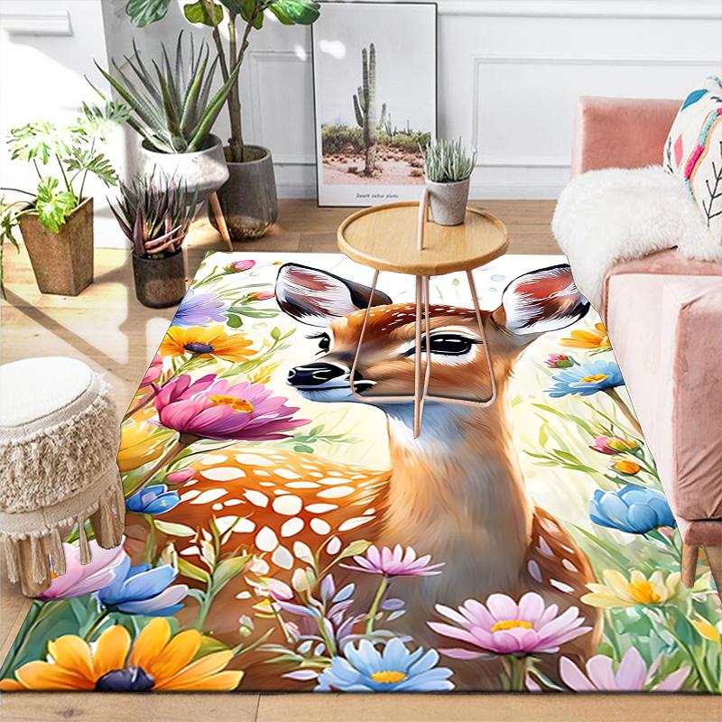 1Pc Deer Wildflowers Rug, Office Carpet Indoor Outdoor Doormat, Non-Slip, Comfortable, Living, Christmas Halloween,  Xmas Gift G1204