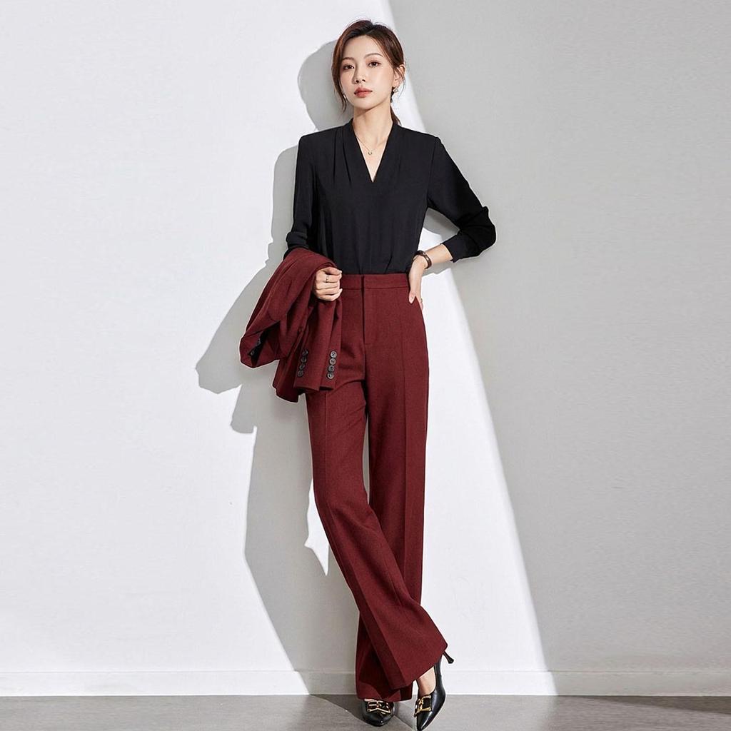 Burgundy Women's Long-Sleeved Suit Set: Elegant One-Button Formal Wear for Office, Luxury Style for Spring and Autumn