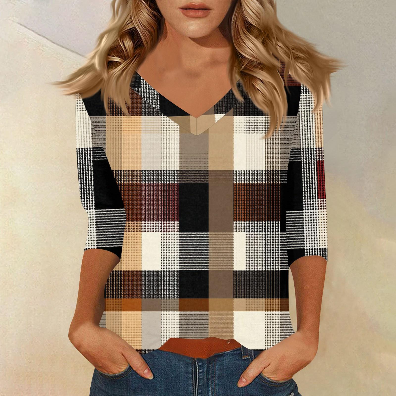 

Жіноча футболка з принтом з рукавом 3/4, щоденна мода на вихідні, базовий V-подібний виріз, звичайний топ L хакі