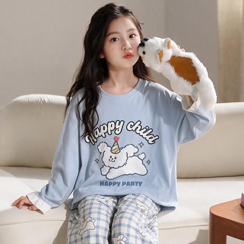 100% Cotton Girls Long Sleeve Pajamas Set Cartoon Print Round Neck Sleepwear Kids 8 Years