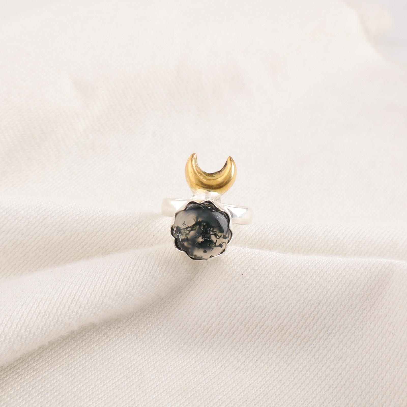 

Round Moss Agate Stone Promise Sisters Day Eternity Statement Ring 925 Silver RR-58-37 15