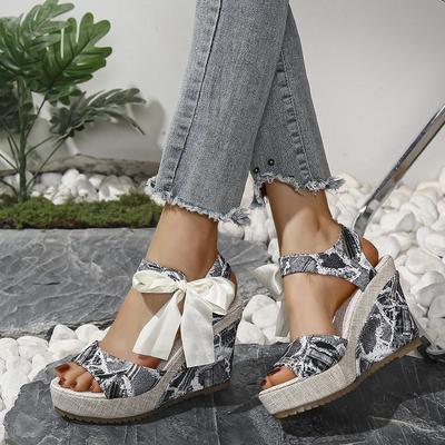 Women's Fashion Wedge Sandals Summer New Round Head Open Toe Printed Butterfly Knot Lace Temperament High Heels