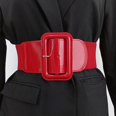 Vintage Plus Size Stretch Cummerbunds Wide Side Elastic Corset Belt Leather Square Buckle Dress Waistband For Women