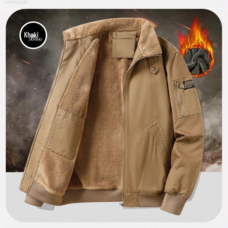 Men's Fleece-Lined Cross-Opening Flight Jacket - Thickened Autumn/Winter Washed Workwear Casual Top