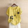 Women Buttons  Short Sleeve Floral Print Buttons Cotton Linen Vintage Top