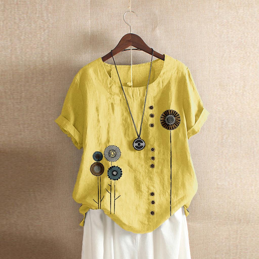 Women Buttons  Short Sleeve Floral Print Buttons Cotton Linen Vintage Top