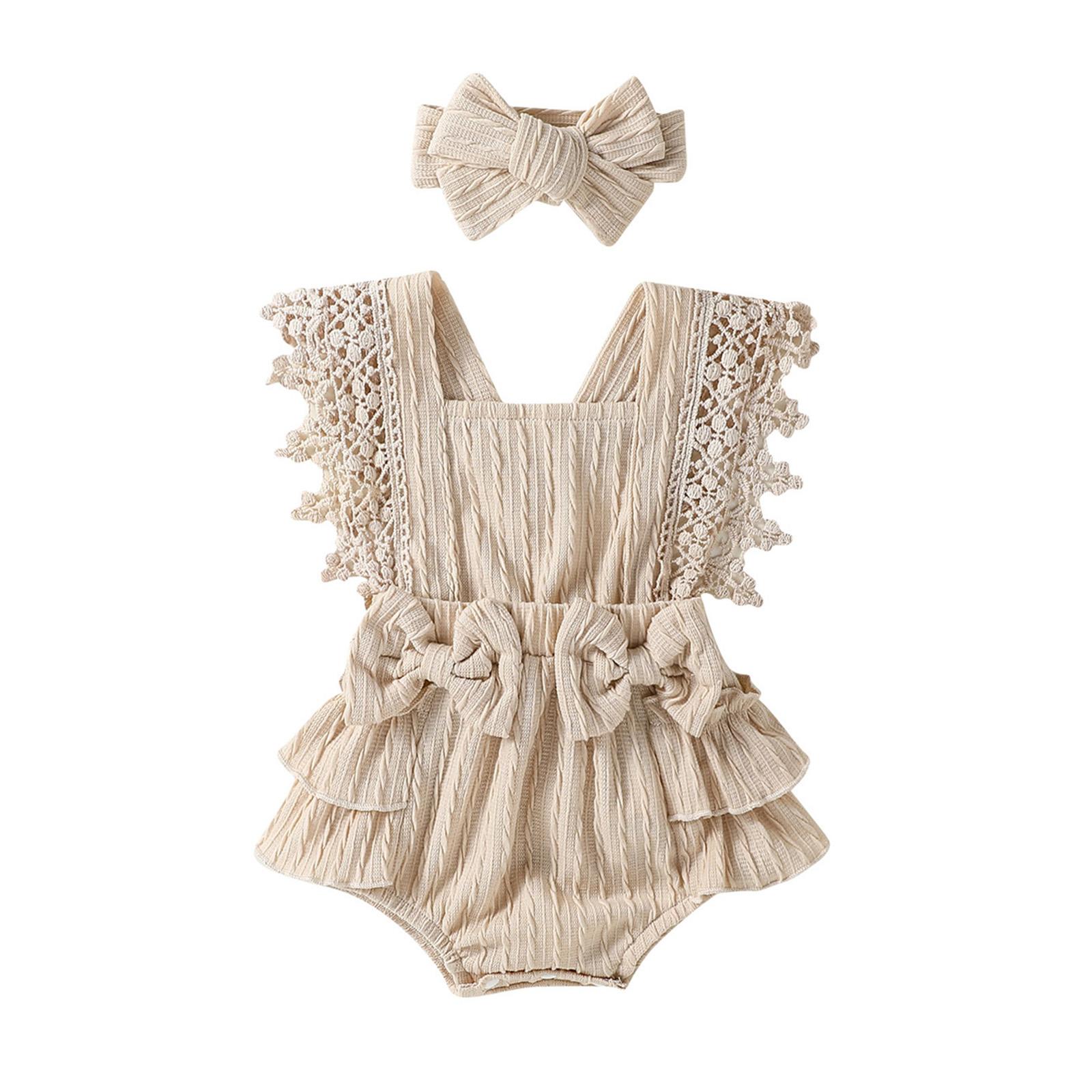

Летний комбинезон для младенцев и девочек с кружевными рукавами, квадратным вырезом, бантом и повязкой на голову 6-12 Months хаки