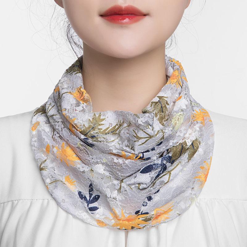 Female Ice Silk Floral Fake Collar Neck Guard Scarf Summer Sunscreen Sunshade Snood Hollow Lace Print Multifunction Shawl P46