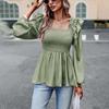 Women's Autumn Winter Square Neck Puff Sleeve Edible Tree Fungus Solid Color Shirt Blouses Temperament Commuter Tie Top