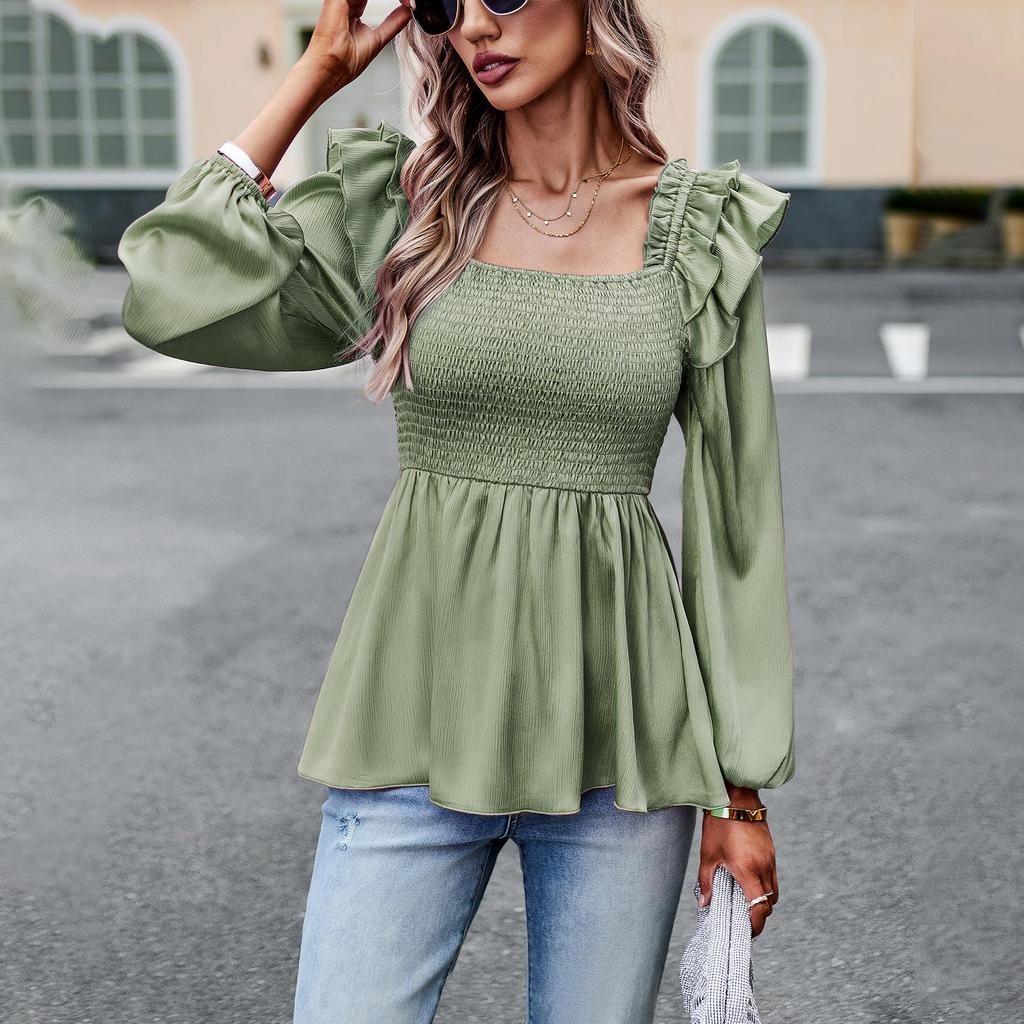 Women's Autumn Winter Square Neck Puff Sleeve Edible Tree Fungus Solid Color Shirt Blouses Temperament Commuter Tie Top