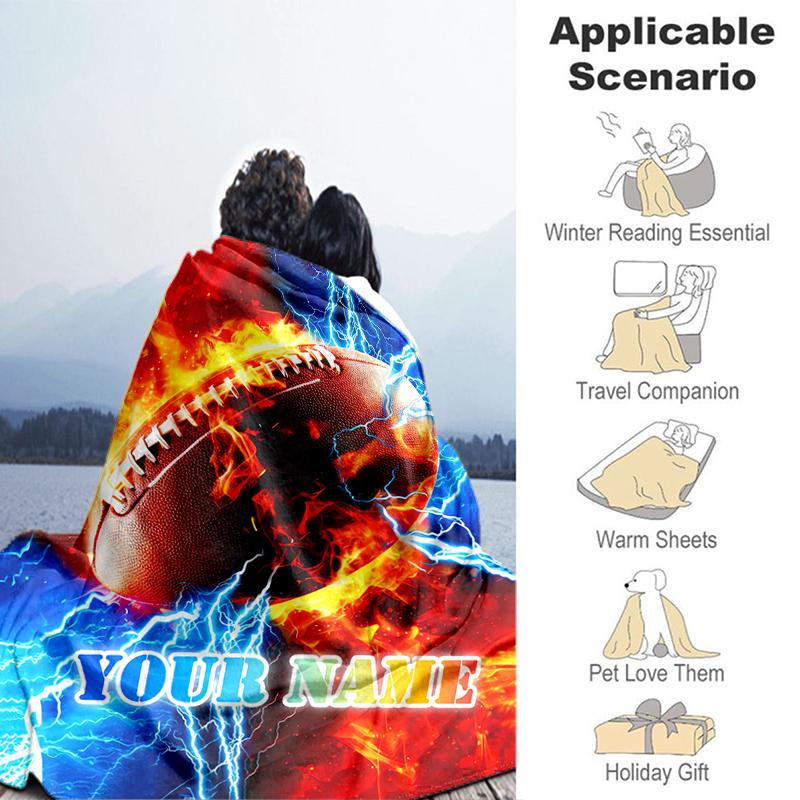 1PC Custom Name "Electric Football Firework" Flannel Blanket Versatile, All-season Throw Suitable for the Living Room, Bedroom, Camping, Travel, and G