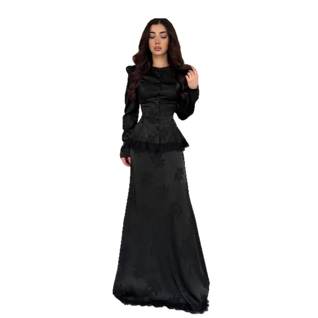 Spring and Autumn New European, American, Amazon Cross-border Solid Color Short Top Long Skirt Small Black Skirt Two-piece Set