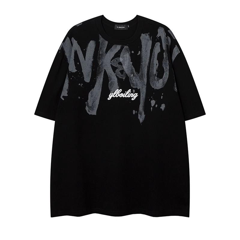American Heavyweight Cotton Men's Short-sleeve T-shirt, Plus Size, Summer Hip-hop Style, Eye-catching Streetwise Look with Large Letters