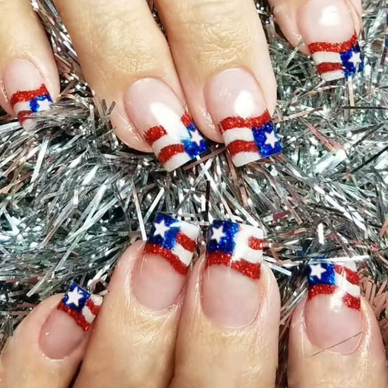 

24 шт. Накладные ногти ко Дню независимости, короткие, накладные ногти, французский кончик, акриловые ногти, 4 июля, полное покрытие, самоклеящиеся ногти 1