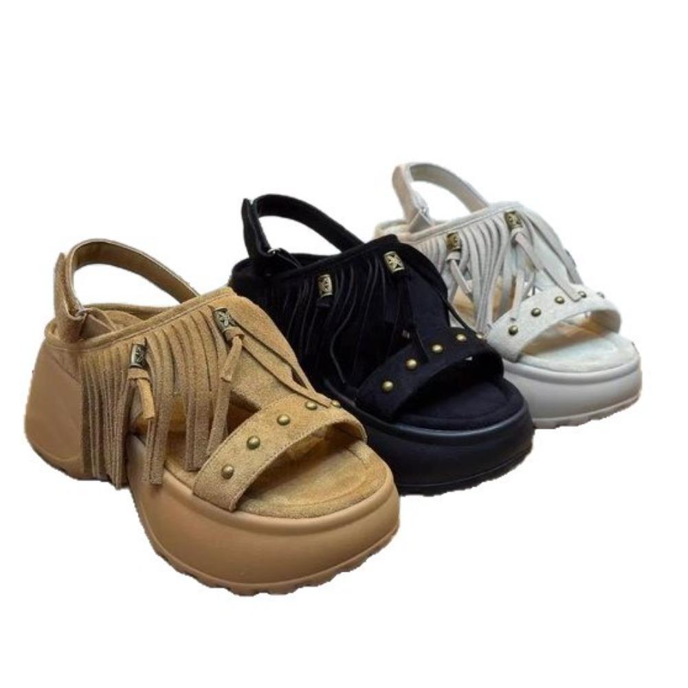 Fashion Bohemia Metal Rivet Decoration Fringe Suede Sandals Women 2025 Summer Chunky Platform Wedge Heel Sandals Casual Back Strap Shoes