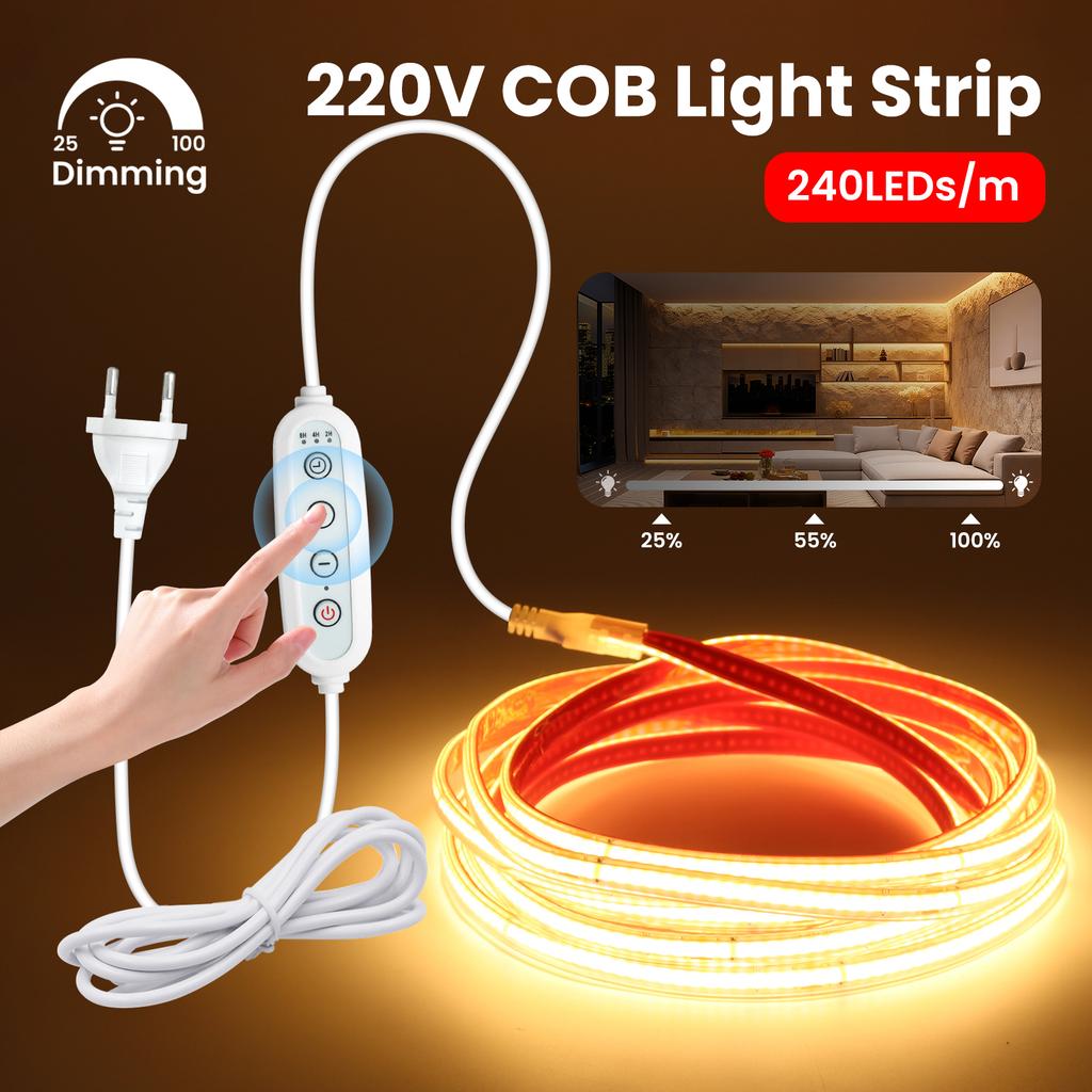 220V Dimmable COB LED Strip Light 240 LEDs/M Flexible Waterproof Linear Tape With Adhesive Backing