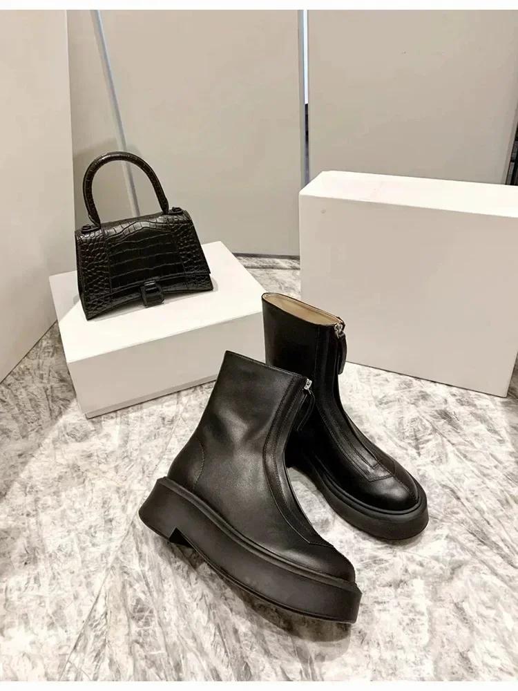 Female 2025 Autumn/Winter Front Zipper Leather Thick Sole Ankle Boots British Style Thick Heel Fashion Plush Women's Short Boot