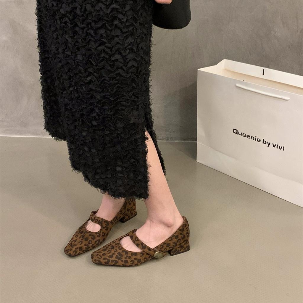 Coarse Heel Leopard Print Mary Jane Single Shoes Women's Shoes 2025 New Spring and Autumn French Square Head Versatile Red Evening Shoes