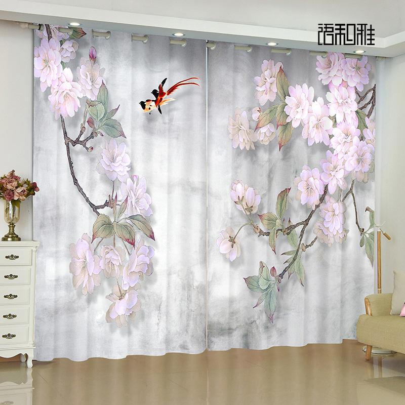 

2-панельная новая китайская занавеска с изображением цветов, птиц, пейзажей, картин, напечатанная занавеска для спальни, гостиной, кухни, окна, шторы 200W240H(CM)79x95in&Grommet Top